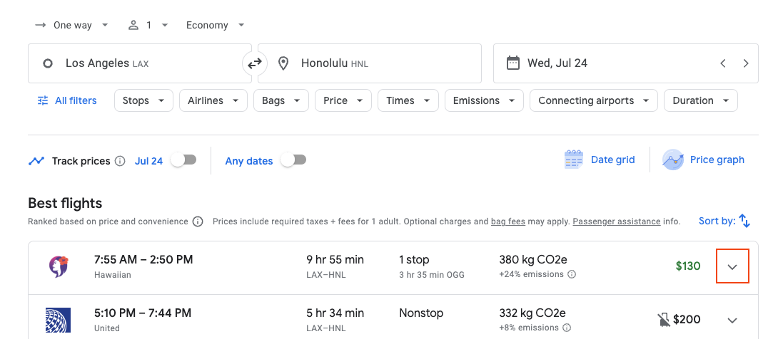 screenshot of a Google Flights search from Los Angeles to Honolulu