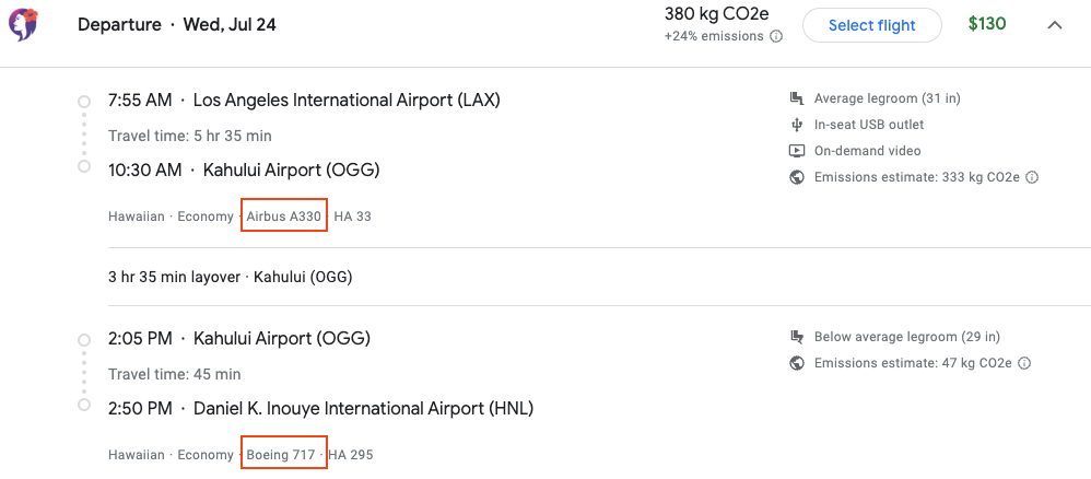 flight details in a Google Flights search with the type of airplane highlighted