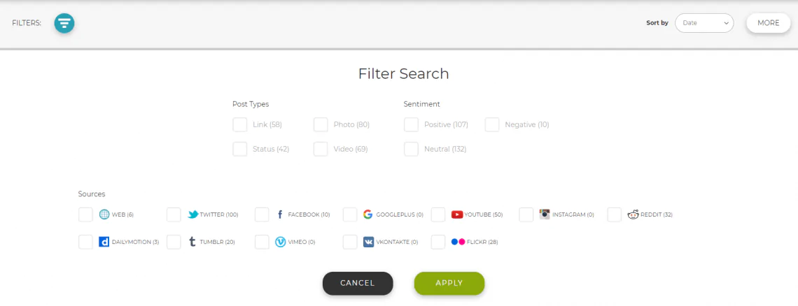 A screenshot of the filters available inside Social Searcher 